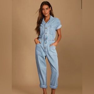 Pistola Grover Light Wash Denim Short Sleeve Utility Jumpsuit